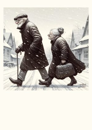 Kunst Postkarte Humor Großeltern auf Reise im Winter im Schnee