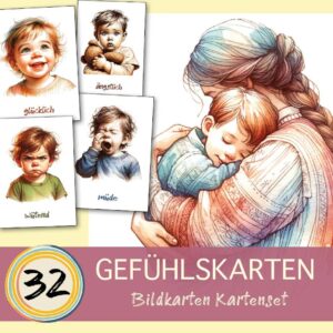 Kartenset 32 Gefühlskarten | Bildkarten Gesichter mit Gefühlen Kinder |  Grundschule Kindergarten